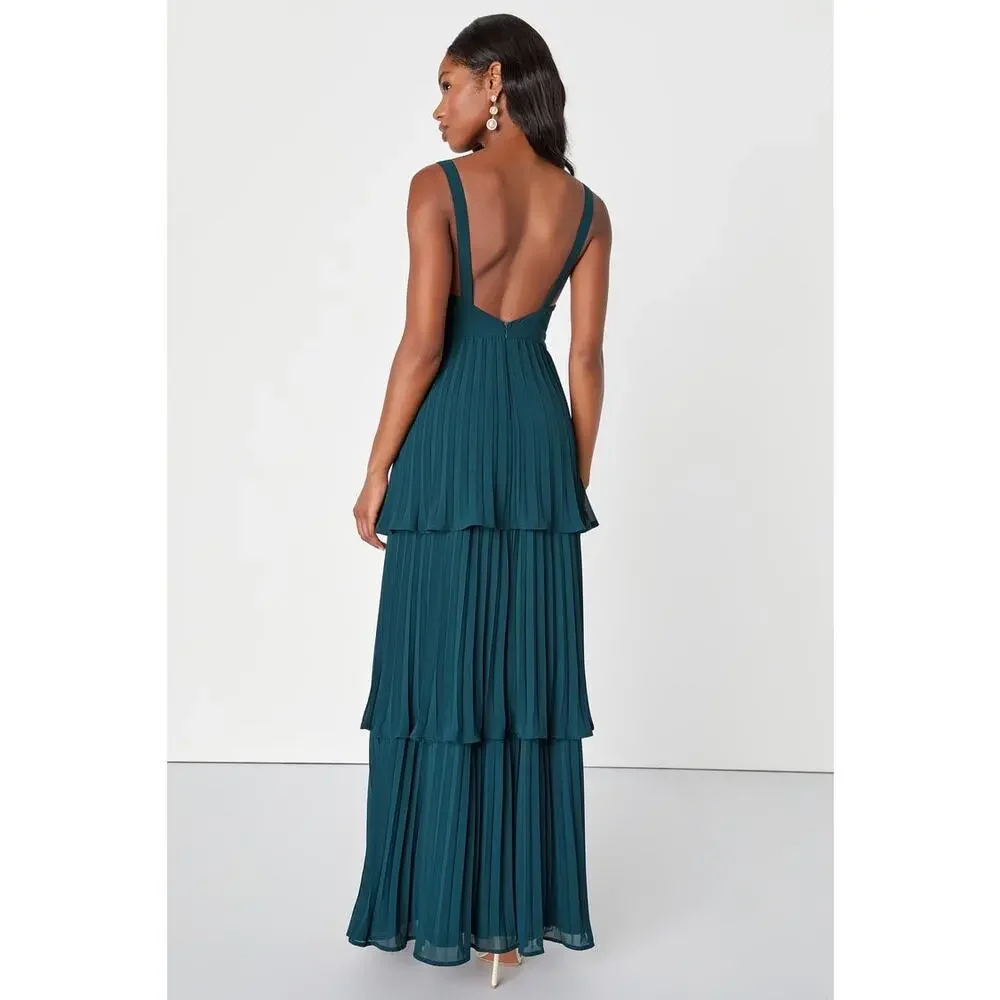 NWT Lulus Luxe Perfection Emerald Green Pleated Tiered Backless Maxi Dress Sz XL